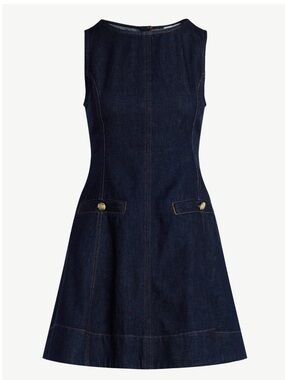 Sleeveless Dark Indigo Denim Mini Dress with Button Pocket Detail